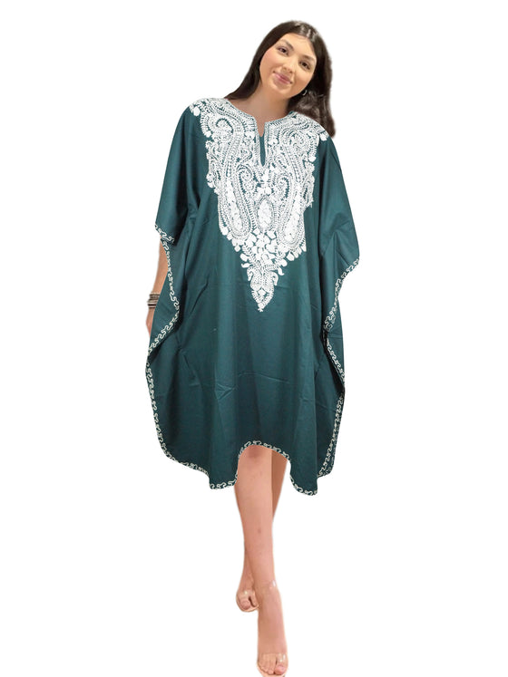 Cotton Green Embroidered Caftan Dresses For Womens, Leisure Wear Hostess Dress L-2X