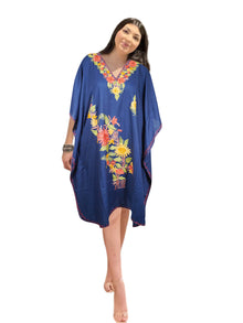  Womens Midi Dresses, Flawless Deep Blue, Embroidered Loose Caftan Kimono Dress L-2X