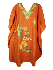  Womens Orange Caftan Dress, Embroidered, Butterfly Sleeves, Cruise Kaftan Short Dress L-2X