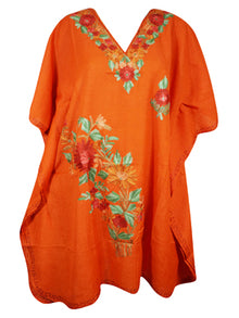  Womens Orange Caftan Dress, Cotton Embroidered Leisure Wear, Hostess Dresses, L-2X