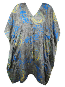  Gray Blue Swirls Print Recycled Silk Boho Kaftan: Women's Beach Dress for Vacation L-2X