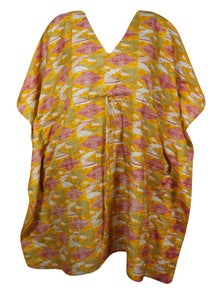  Boho Summer Kaftan Yellow Aztec Print Beach Coverup, Women's Recycled Silk Caftan L-2X