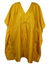 Boho Summer Yellow Kaftan For Women Short Recycled Silk Beach Coverup, L-2X