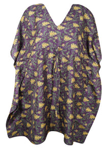  Boho Summer Short Kaftan Dress Recycled Silk Purple Gold Printed Caftan Dress, L-2X