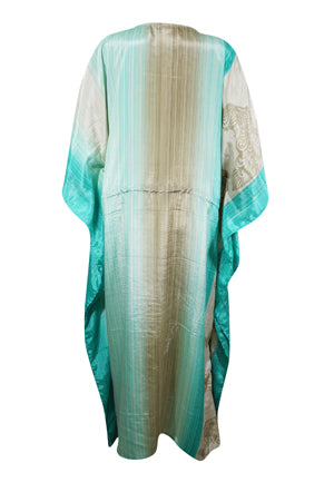 Women Boho Beach Kaftan, Sea Green Beige Maxi CaftanL-2X