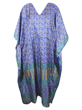 Women Boho Beach Kaftan, Lapis  Blue Maxi Silk Kaftan, L-2X