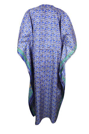 Women Boho Beach Kaftan, Lapis  Blue Maxi Silk Kaftan, L-2X