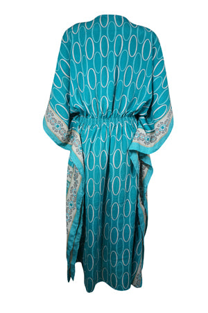 Boho Summer Maxi Kaftan For Women's Sky Blue, Floral Print Caftan Dress L-2X