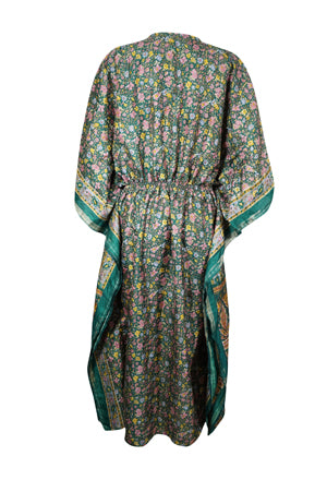 Womens Summer Kaftan, Juniper Green Floral Caftan Beach Coverup, L-2X