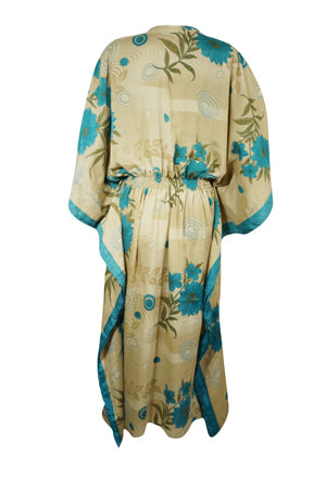 Women Boho Caftan, Eco Chic Beach Beige, Blue Floral Maxi Kaftan L-2X