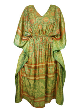 Boho Summer Maxi Kaftan For Women's Green, Orange Floral Print Caftan Dress L-2X