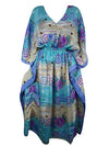 Women Boho Caftan, Eco Chic Beach Cobalt Blue, Beige Floral Maxi Kaftan L-2X