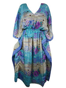  Women Boho Caftan, Eco Chic Beach Cobalt Blue, Beige Floral Maxi Kaftan L-2X