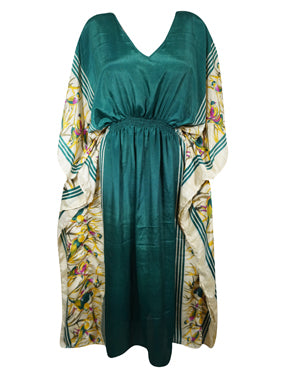 Boho Summer Maxi Kaftan For Women's Dark Green, Floral Print Caftan Dress L-2X