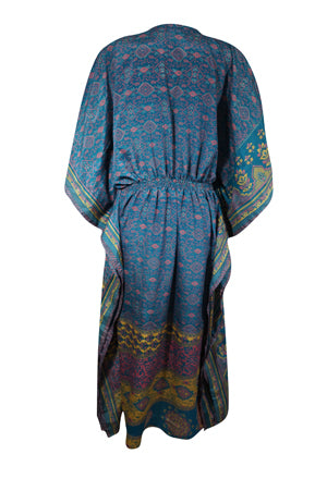 Boho Summer Maxi Kaftan For Women, Steel Blue, Floral Print Caftan Dress L-2X