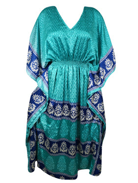 Boho Summer Maxi Kaftan For Women, See Green, Floral Print Caftan Dress L-2X