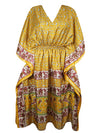 Women Boho Beach Kaftan, Medallion Yellow Floral Stylish Maxi Caftan, L-2X