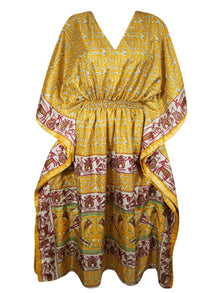  Women Boho Beach Kaftan, Medallion Yellow Floral Stylish Maxi Caftan, L-2X