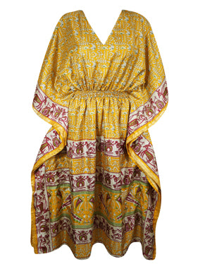 Women Boho Beach Kaftan, Medallion Yellow Floral Stylish Maxi Caftan, L-2X