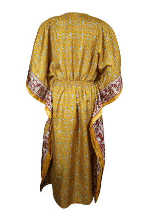 Women Boho Beach Kaftan, Medallion Yellow Floral Stylish Maxi Caftan, L-2X