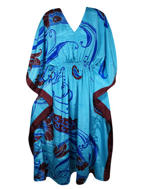 Boho Summer Maxi Kaftan For Women, Azure Blue, Floral Caftan Dress L-2X