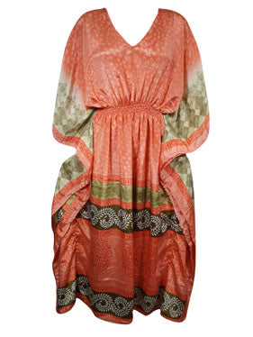 Boho Summer Maxi Kaftan For Women, Peach Orange, Floral Caftan Dress L-2X