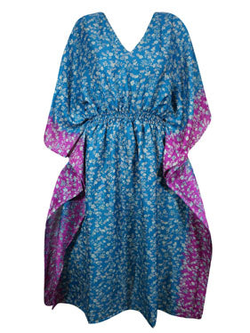 Boho Summer Maxi Kaftan For Women, Cerulean  Blue, Floral Caftan Dress L-2X