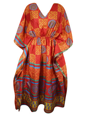 Boho Summer Maxi Kaftan For Women, Fire Orange, Floral Caftan Dress L-2X