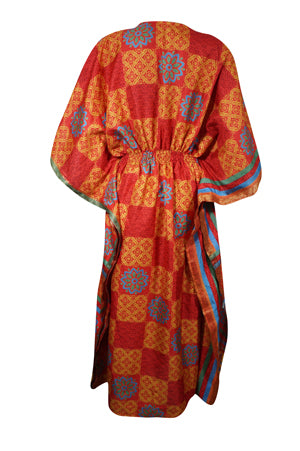 Boho Summer Maxi Kaftan For Women, Fire Orange, Floral Caftan Dress L-2X