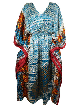 Boho Summer Maxi Kaftan For Women, Teal Blue, Floral Caftan Dress L-2X