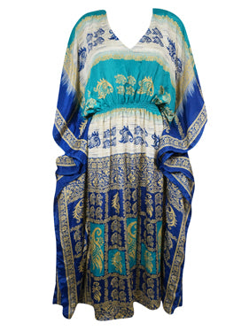 Boho Summer Maxi Kaftan Blue, Floral Caftan Dress L-2X