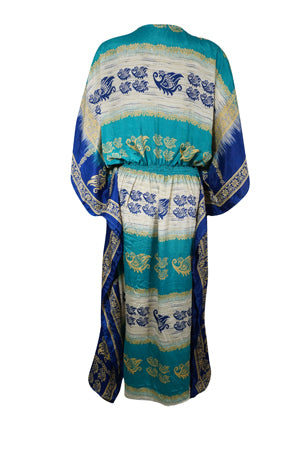 Boho Summer Maxi Kaftan Blue, Floral Caftan Dress L-2X