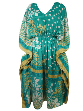 Boho Summer Maxi Kaftan Pine Green Floral Caftan Dress L-2X