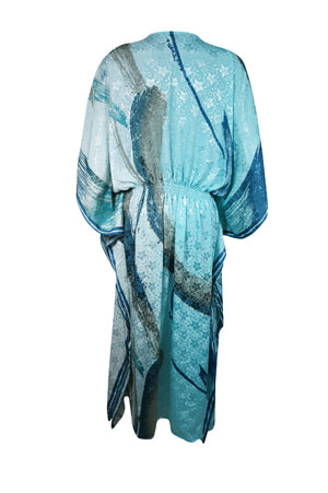 Boho Summer Maxi Kaftan Sky Blue Floral Caftan Dress L-2X