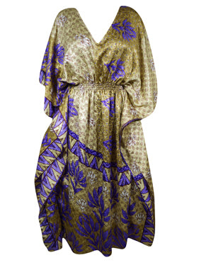 Women Boho Beach Kaftan Gold Purple  Floral Stylish Maxi Caftan, L-2X