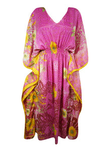  Women Boho Beach Kaftan Pink Yellow Floral Maxi Caftan Dress, L-2XL