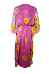 Women Boho Beach Kaftan Pink Yellow Floral Maxi Caftan Dress, L-2XL