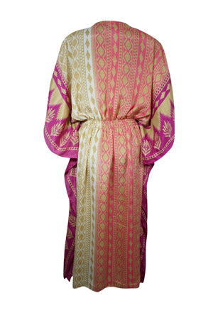 Women Boho Beach Kaftan Pink Stylish Floral Maxi Caftan Dress, L-2XL