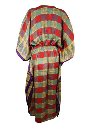 Boho Summer Maxi Kaftan For Women Red Check Print Beach Wear Caftan Dress L-2X