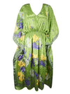 Women Boho Beach Kaftan Pear Green Floral Maxi Caftan Dress, L-2XL