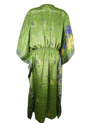 Women Boho Beach Kaftan Pear Green Floral Maxi Caftan Dress, L-2XL