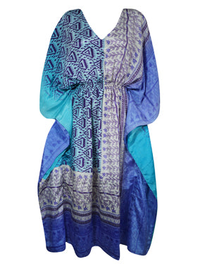 Boho Summer Maxi Kaftan For Women Cerulean Blue Floral Caftan Dress L-2X