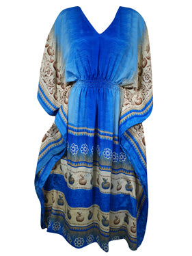 Boho Summer Maxi Kaftan For Women Blue  Beige Floral Caftan Dress L-2X