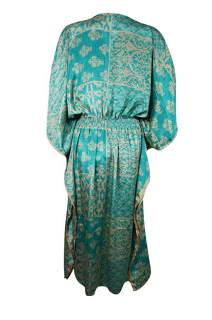 Boho Summer Maxi Kaftan For Women Teal Blue Floral Caftan Dress L-2X