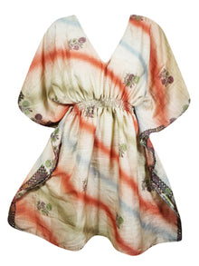  Women Beach Kaftan Dress, Beige Printed Summer Dresses One size