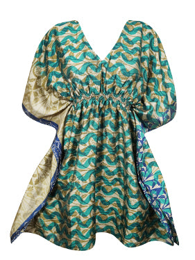 Women's Green Beige Kaftan Recycle Silk Tunic Kaftan, SML