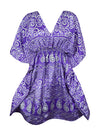 Women Beach Kaftan Dress Iris Purple Floral Short Summer Dresses, SML