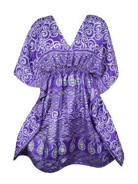 Women Beach Kaftan Dress Iris Purple Floral Short Summer Dresses, SML