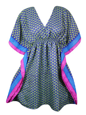 Women Beach Kaftan Dress, Blue, Green Floral Short Summer Dresses, SML