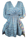 Women Beach Kaftan Dress Blue, White Floral Short Summer Dresses, SML